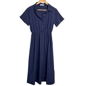 The ZoA Shirt Dress Women Medium Navy Blue Collared Midi Short Sleeve